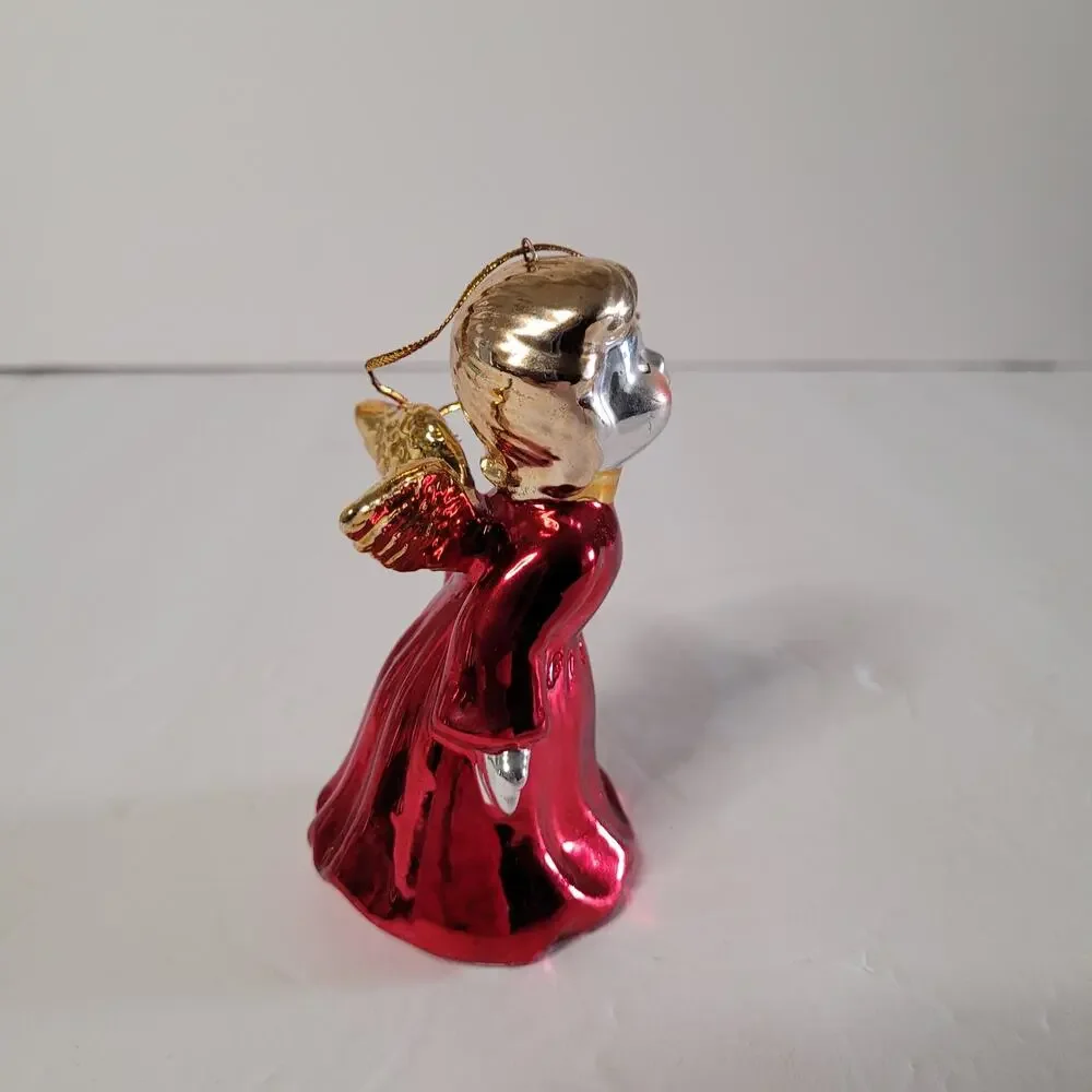 Angel Bell Christmas Ornament - Blond Hair, Red Dress, Gold Wings